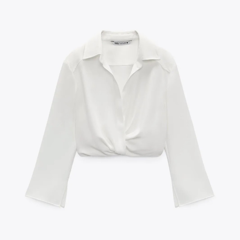 NWT ZARA pleated cropped top V-neck Blouse Ecru white Medium